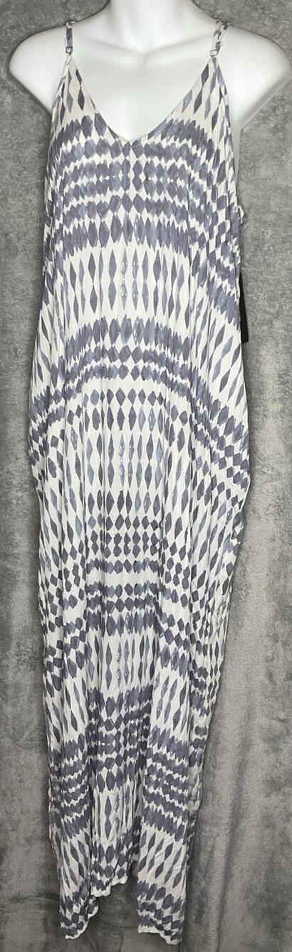 Lulus Maxi Dress M/L Blue/Gray White Ikat Geometric Crinkle Adj Strap Boho